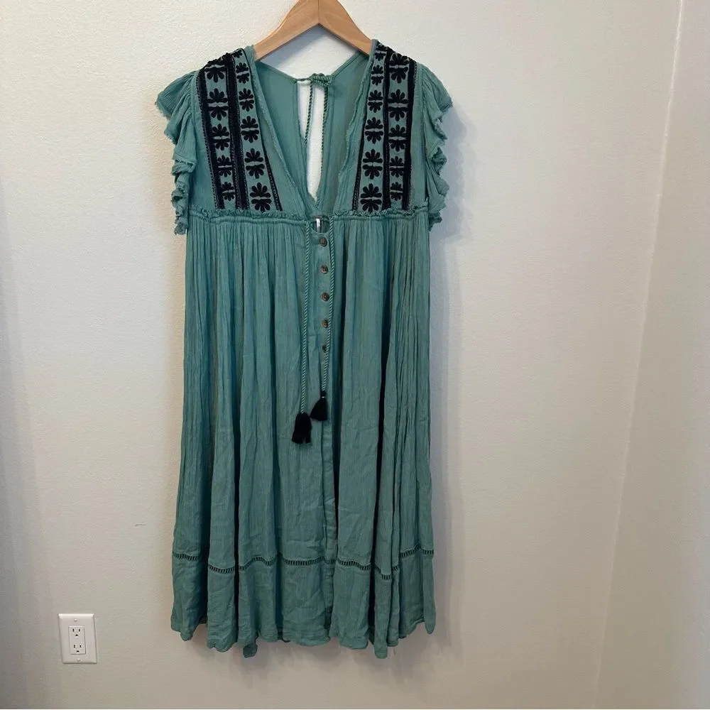 Free People Green Bali Will Wait For You Boho Style Dress Oversized Fit